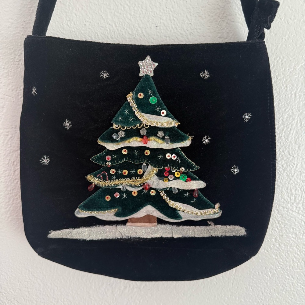 Cappelli Straworld Christmas Tree Embroidered Beaded Purse Holiday Black Velvet
